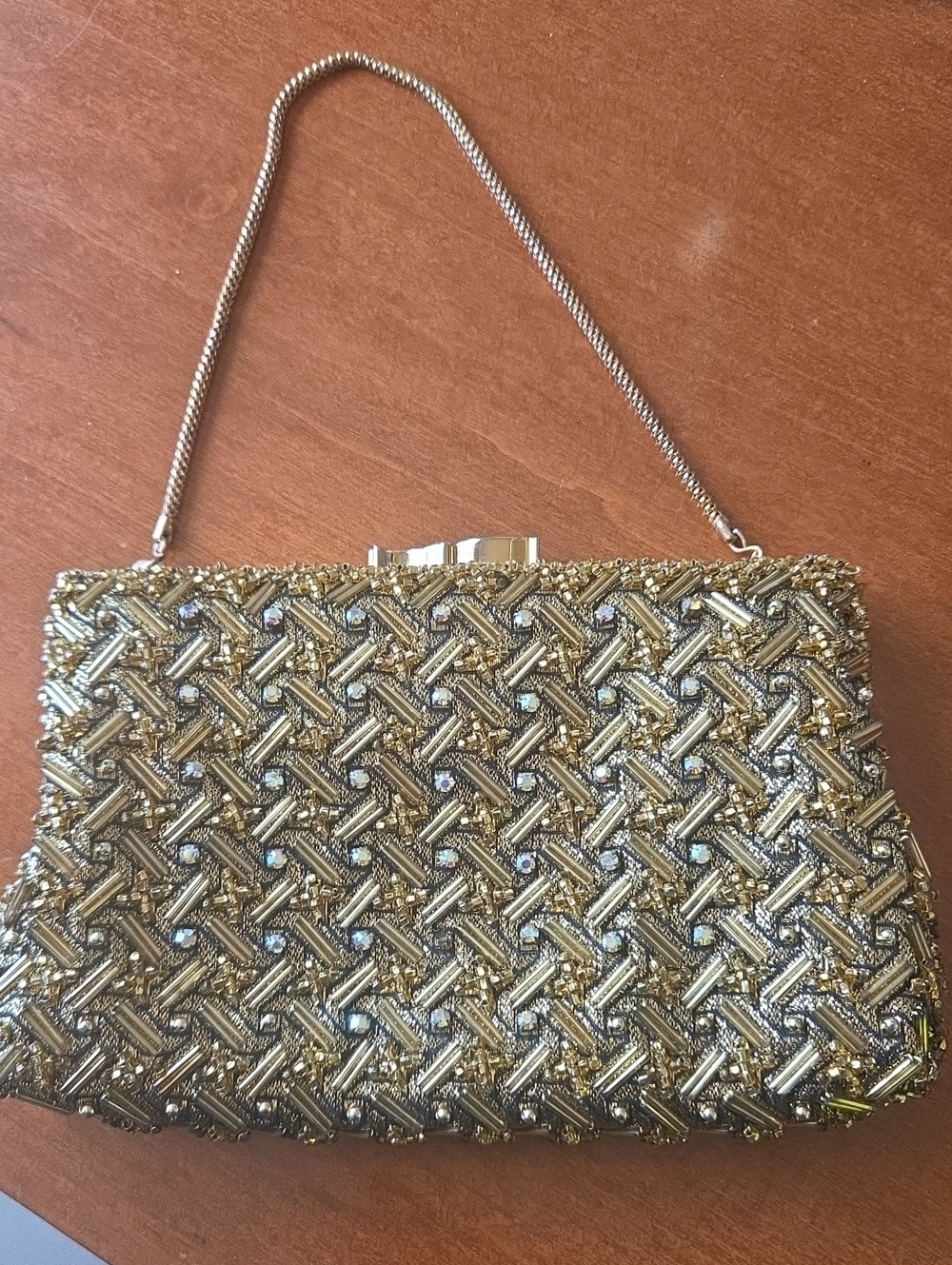 Walborg Gold Beaded Evening Clutch with Chain Strap